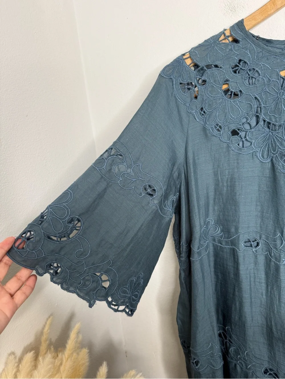 Sundance Blue Gray Embroidered Ramie Shift Dress XXL Boho Cutwork Lace Feminine